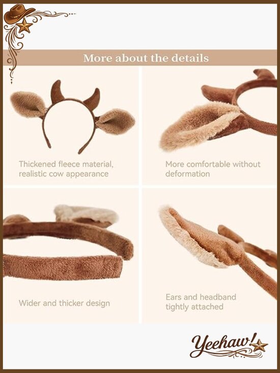 Realistic Cow Ears Headband Set - Faux Fur Horns Costume Accessory main image 4